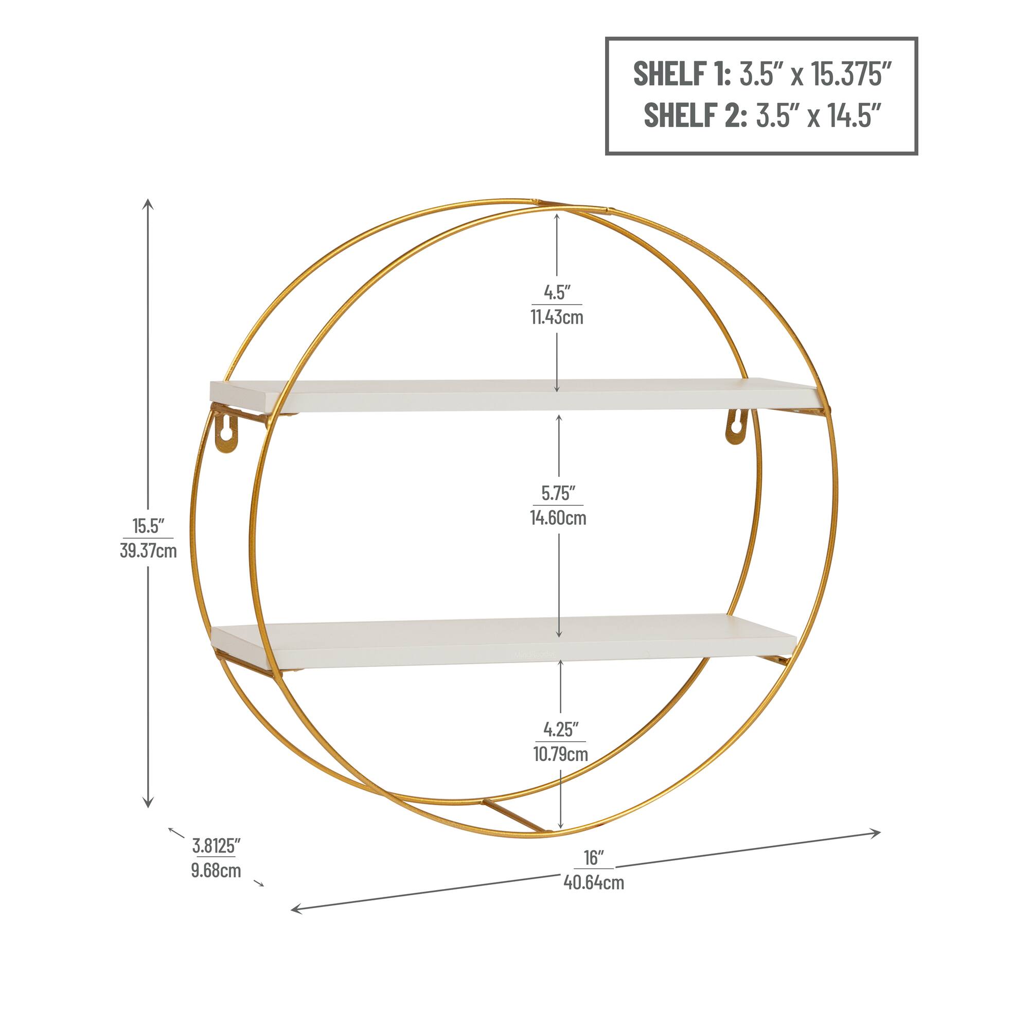 Mind Reader Floating Round Wall Shelves, Gold Metal Frame with Dual White Display Shelves, White
